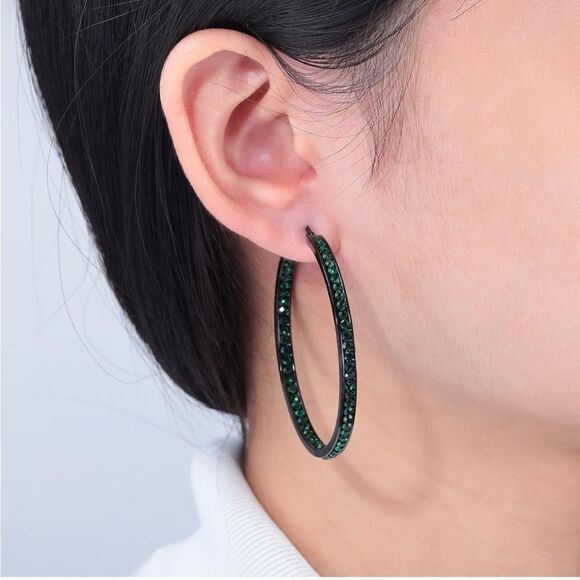 14K Black Gold with Emerald Green Cubic Zirconia Big Hoop Latch Back Earrings - Picture 5 of 6